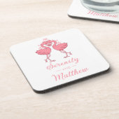Cute Flamingo Pink Tropical Beach Wedding コースター (左側)