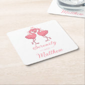 Cute Flamingo Pink Tropical Beach Wedding スクエアペーパーコースター (アングル)