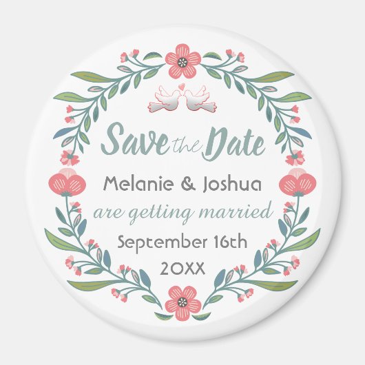 Cute Floral and Dove Wreath Save the Date マグネット (正面)