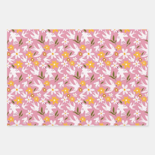Cute Floral Bird Seamless Pattern ラッピングペーパーシート (正面)