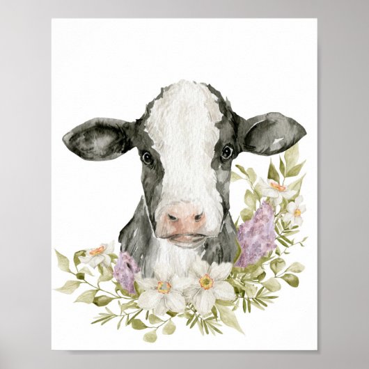 Cute Floral Black Cow Poster Print ポスター (正面)