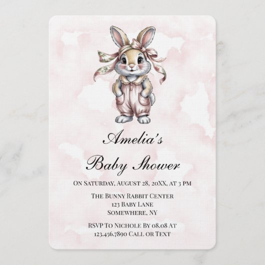 Cute Floral Bunny Girl Baby Shower  招待状 (正面)
