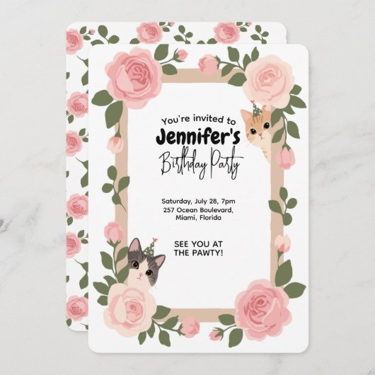 Cute floral cat-themed birthday invitation 招待状 (正面/裏面)