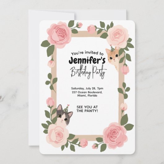 Cute floral cat-themed birthday invitation 招待状 (正面)