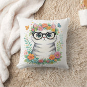 Cute Floral Cat with Glasses クッション (ブランケット)
