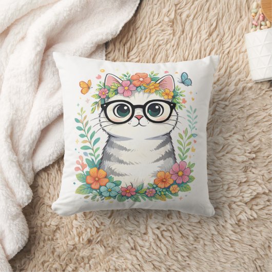 Cute Floral Cat with Glasses クッション (ブランケット)