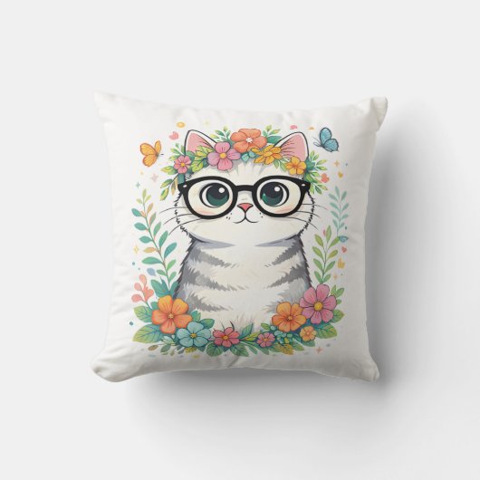 Cute Floral Cat with Glasses クッション (正面)