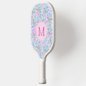 Cute Floral Custom Monogram Pink and Blue ピックルボールラケット (左)