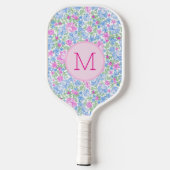 Cute Floral Custom Monogram Pink and Blue ピックルボールラケット (裏面)