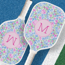 Cute Floral Custom Monogram Pink and Blue ピックルボールラケット