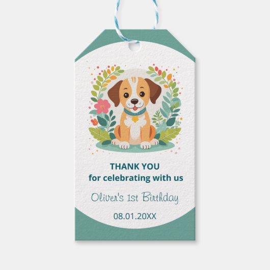  Cute Floral Dog Puppy Kids Birthday Party ギフトタグ (正面)