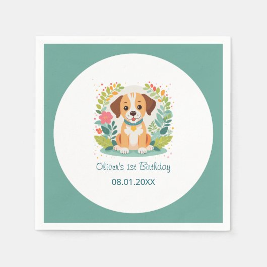  Cute Floral Dog Puppy Kids Birthday Party スタンダードカクテルナプキン (正面)