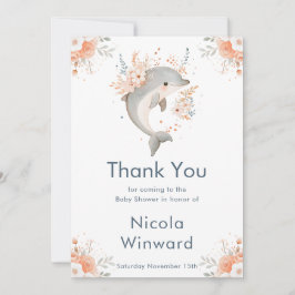 Cute Floral Dolphin Baby Shower  サンキューカード