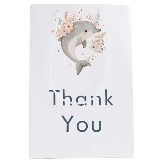 Cute Floral Dolphin Baby Shower ミディアムペーパーバッグ (正面)