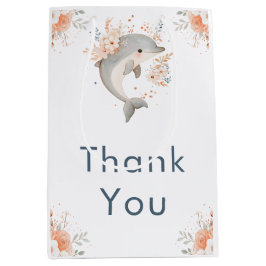 Cute Floral Dolphin Baby Shower ミディアムペーパーバッグ