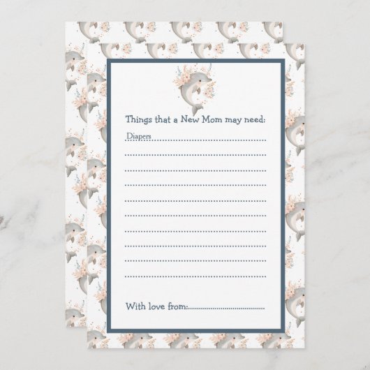 Cute Floral Dolphin Baby Shower 招待状 (正面/裏面)