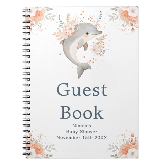 Cute Floral Dolphin Baby Shower Guest Book ノートブック (正面)