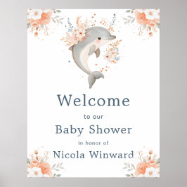 Cute Floral Dolphin Baby Shower Welcome ポスター
