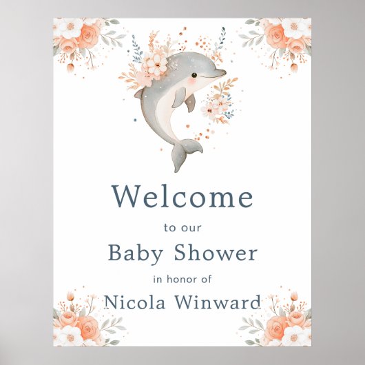 Cute Floral Dolphin Baby Shower Welcome ポスター (正面)