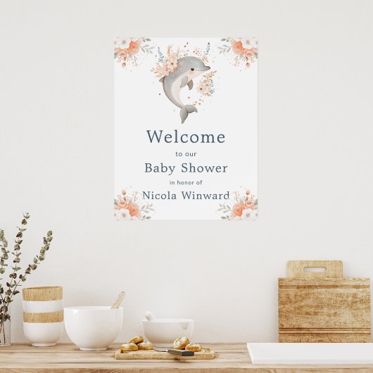 Cute Floral Dolphin Baby Shower Welcome ポスター (キッチン)
