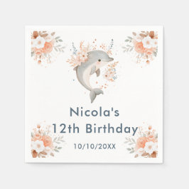 Cute Floral Dolphin Birthday Party スタンダードカクテルナプキン