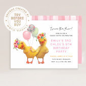 Cute Floral Ducks Joint Birthday Party 招待状