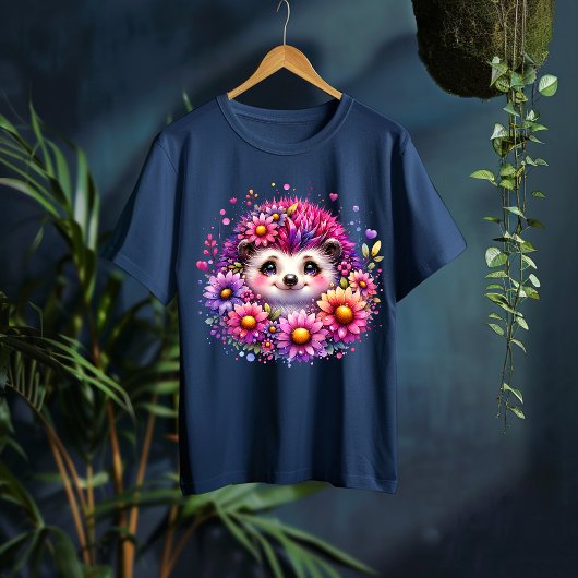 Cute Floral Hedgehog Illustration T-Shirt Tシャツ