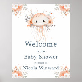 Cute Floral Jellyfish Baby Shower Welcome ポスター