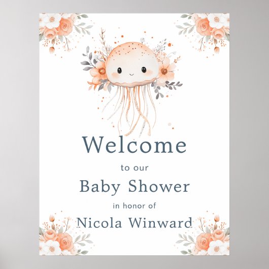 Cute Floral Jellyfish Baby Shower Welcome ポスター (正面)