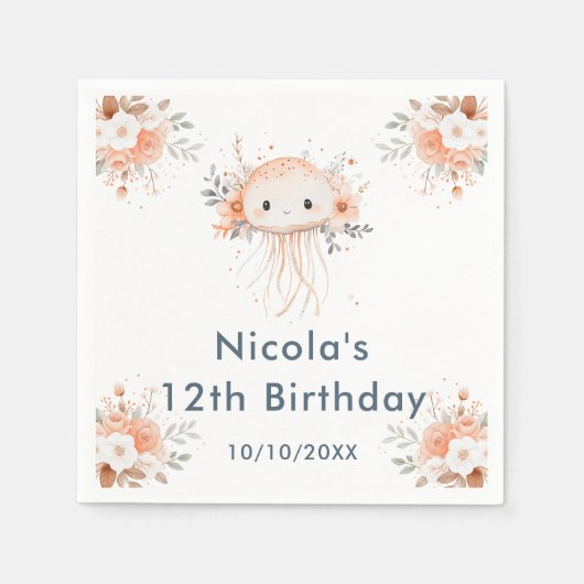 Cute Floral Jellyfish Birthday Party スタンダードカクテルナプキン (正面)