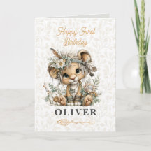 Cute floral lion Happy 1st Birthday Greeting Card