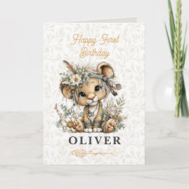 Cute floral lion Happy 1st Birthday Greeting Card カード