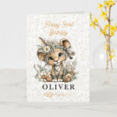 Cute floral lion Happy 1st Birthday Greeting Card カード (黄色い花)