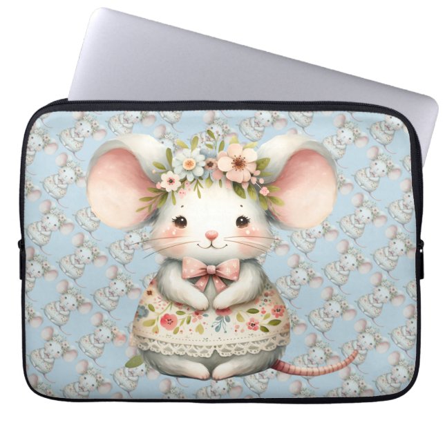 Cute Floral Mouse Dress Flower Crown ラップトップスリーブ (正面)