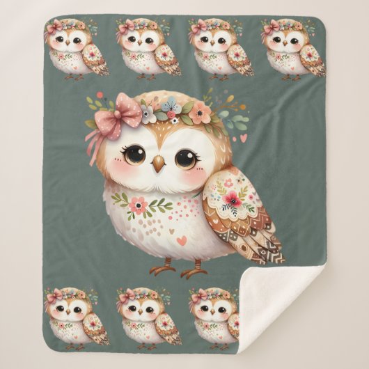 Cute Floral Owl with Bow シェルパブランケット (正面)