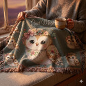 Cute Floral Owl with Bow スローブランケット