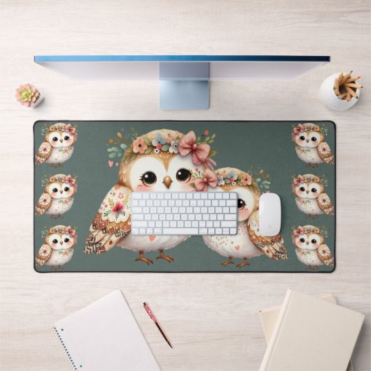 Cute Floral Owl with Bow デスクマット (オフィス1)