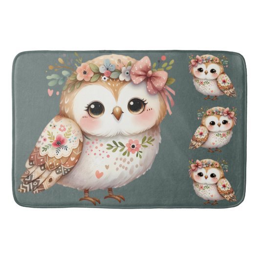 Cute Floral Owl with Bow バスマット (正面)