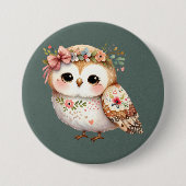 Cute Floral Owl with Bow 缶バッジ (正面)