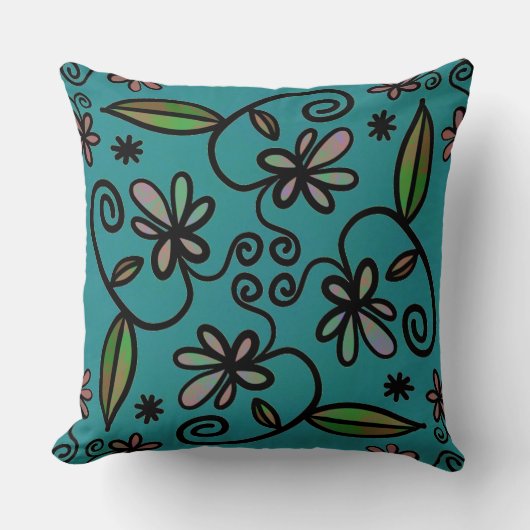 Cute Floral Pattern Teal クッション (正面)