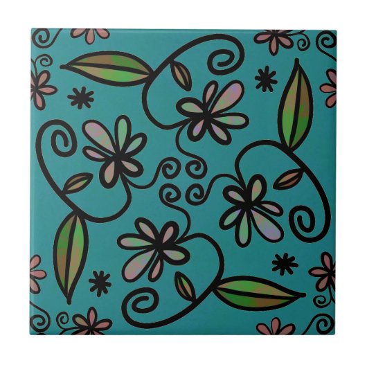 Cute Floral Pattern Teal タイル (正面)
