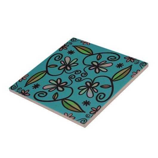 Cute Floral Pattern Teal タイル (側面)