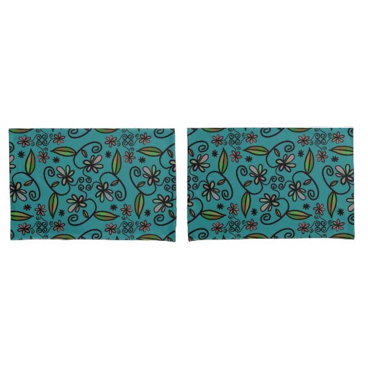 Cute Floral Pattern Teal 枕カバー (フロントセット)