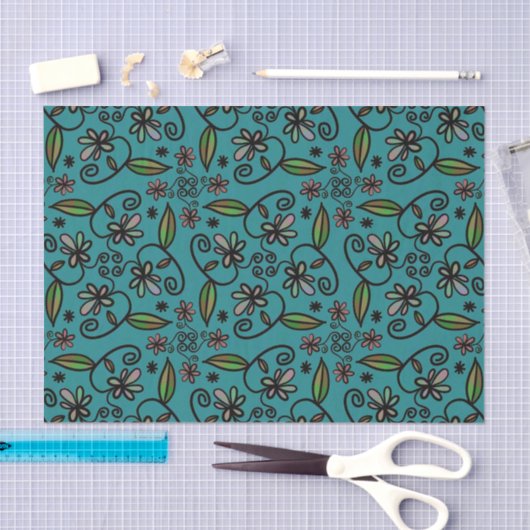 Cute Floral Pattern Teal 薄葉紙 (クラフト)