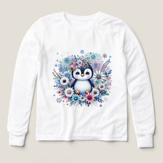 Cute Floral Penguin Winter Illustration T-Shirt (デザイン正面)