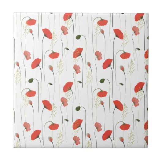 Cute Floral Red Poppy Pattern Ceramic Tile タイル (正面)