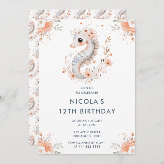 Cute Floral Seahorse Birthday Party 招待状 (正面/裏面)