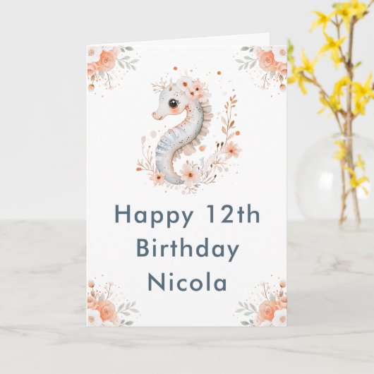 Cute Floral Seahorse Happy Birthday カード (黄色い花)