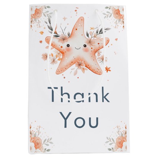 Cute Floral Starfish Baby Shower ミディアムペーパーバッグ (正面)
