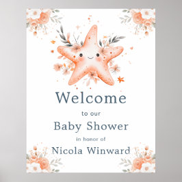 Cute Floral Starfish Baby Shower Welcome ポスター